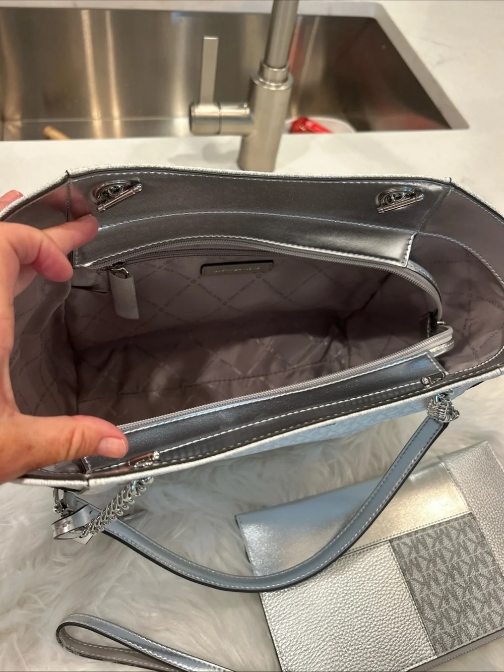 Michael Kors Silver MK Logo Tote with Matching Silver Wristlet